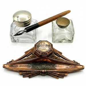 Antique Verdun Copper Inkwell Desk Set WWI Trench of Bayonets France Circa 1920